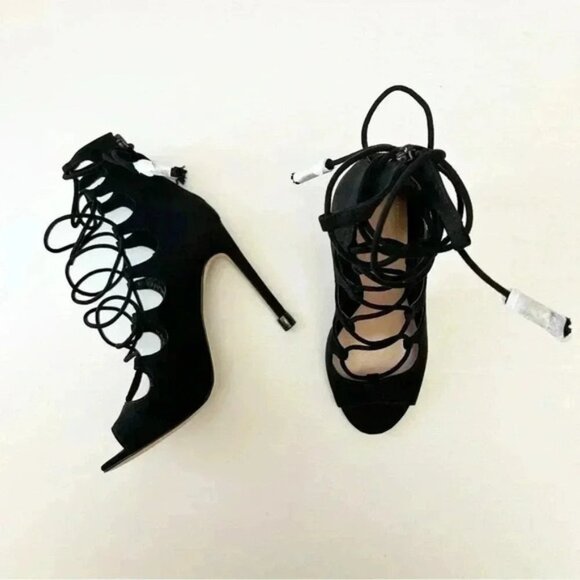 Aldo Sergioa Lace Up Stiletto Heels Peep Toe Black Micro Suede Size 7.5 - Picture 15 of 16